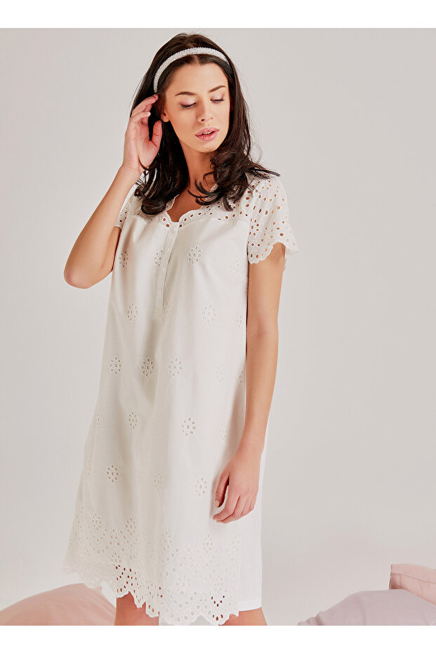 Nakışlı Ekru Kadın Gecelik 72108 - 4