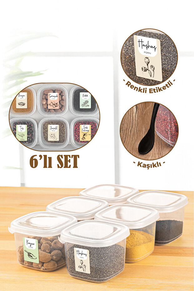6-Piece 0.55 Liter Peggy Square Spice Storage Container with Colorful Label and Spoon White