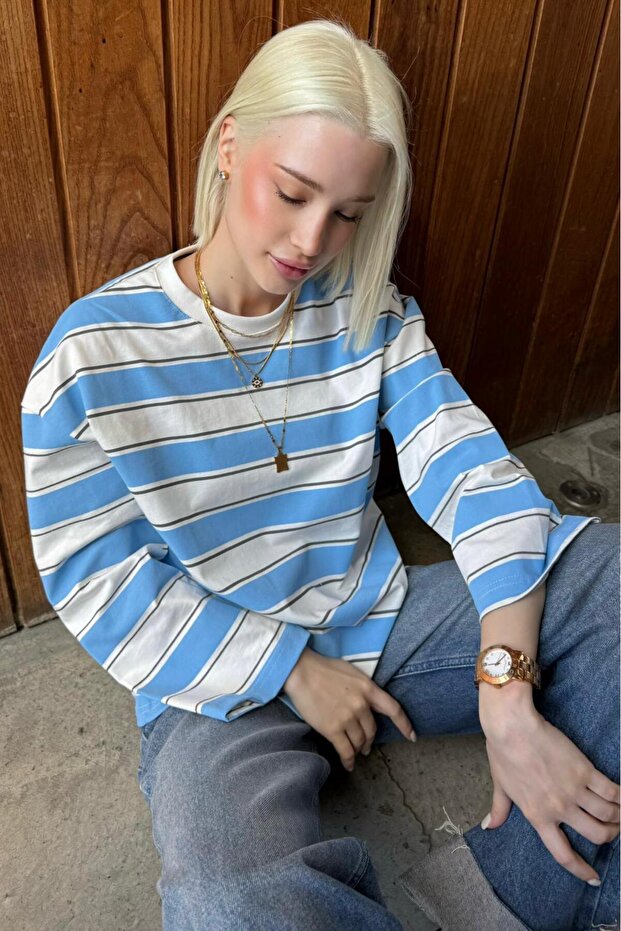 Blue Crew Neck 100% Cotton Striped Long Sleeve T-Shirt Mg2362