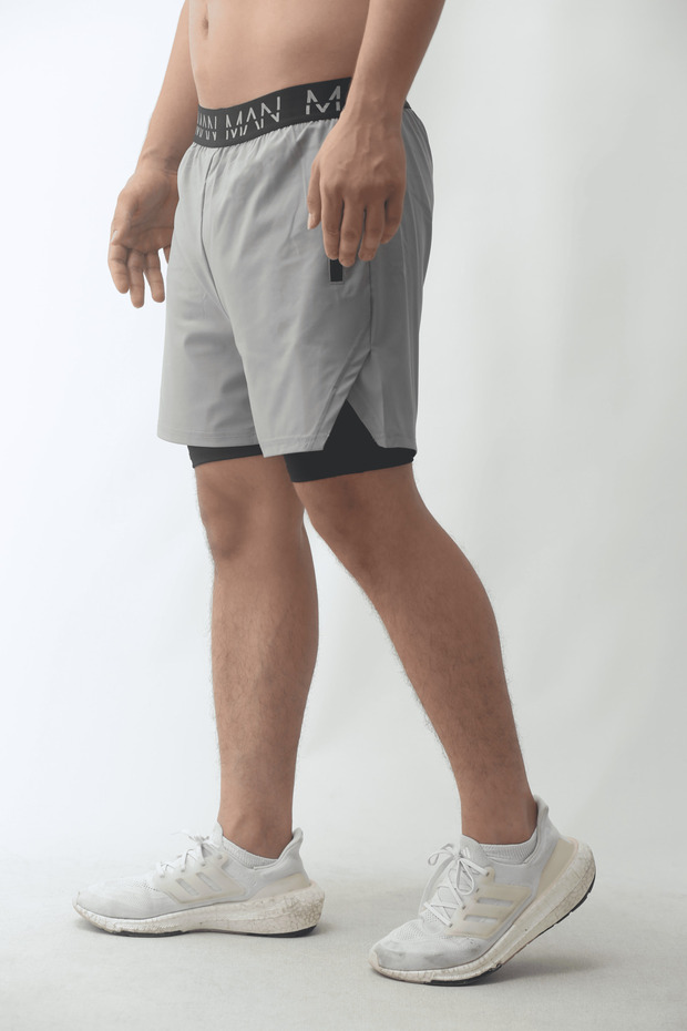 Man Of Man Erkek Yazılı Astarlı Koyu Antrasit Taytlı Spor Şort | Fitness ve Sporcu Şort - 3
