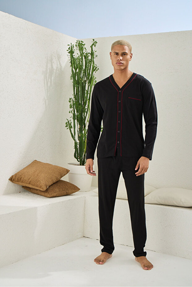 Erkek Dört Mevsim Battal V Yaka Boydan Düğmeli Pijama Takımı - 7