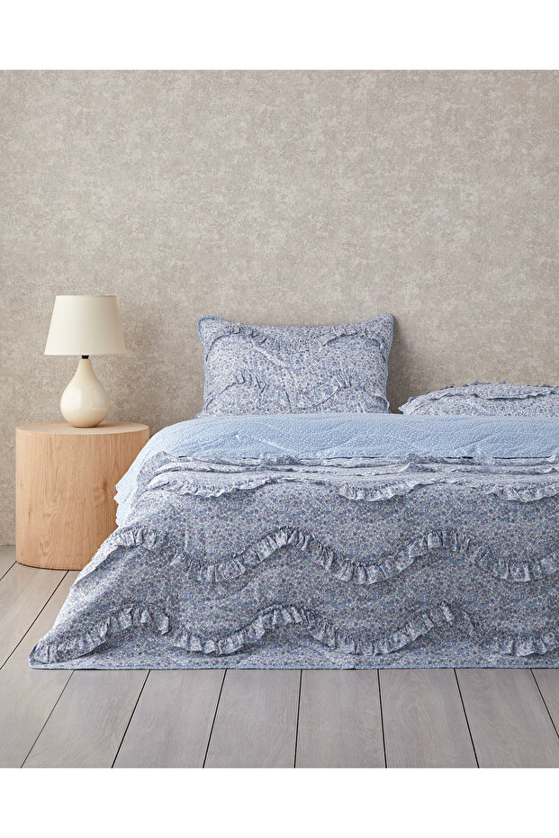 Floral Euphoria Ruffled Single Bedspread Set 160X220 cm Blue