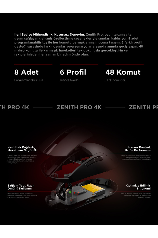 ZENITH PRO 4K 26000 DPİ Kablosuz Siyah Gaming Mouse - 7