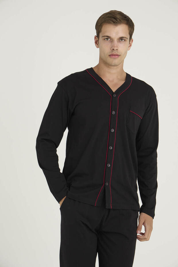 Erkek Dört Mevsim Battal V Yaka Boydan Düğmeli Pijama Takımı - 8