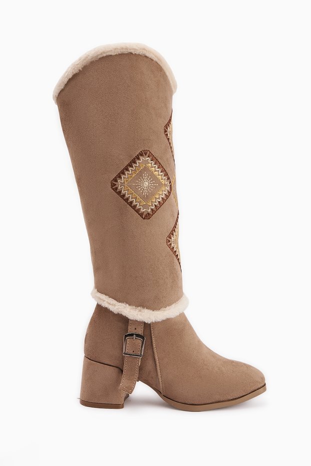 Hilka Mink Suede Detachable Conch Women's Boots with Ethnic Pattern, Women's Bootie-Women's Boots