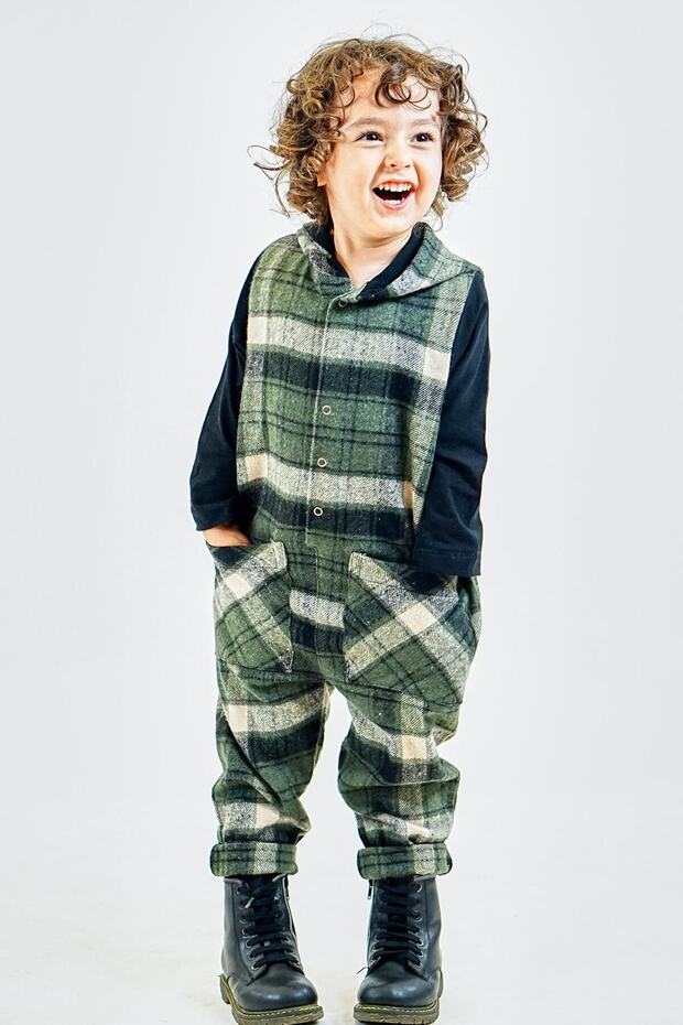 Khaki Black Plaid Stitched Hooded Jumpsuit