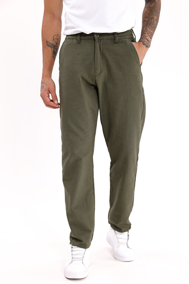 Men's Dark Khaki Linen Trousers – Breathable, Relaxed Fit Casual Wear -Wide Size Range-