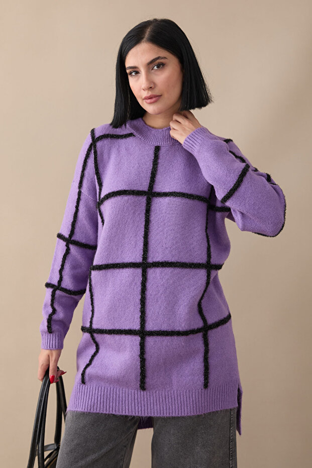 Simli Yumoş Mor Triko Tunik - 1