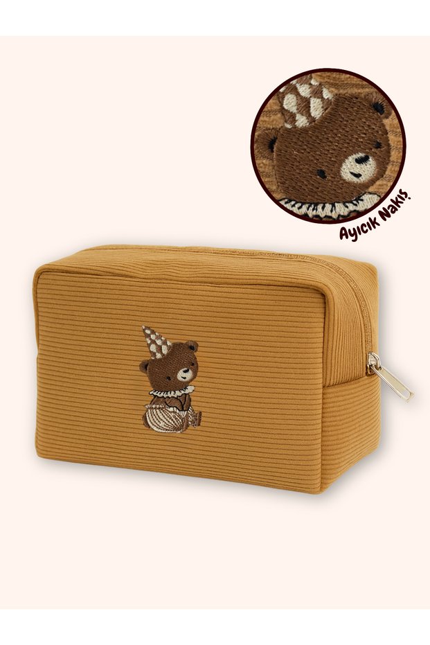 Mama Yoyo Velvet Organizer Bag Cinnamon Embroidered Teddy Bear 24*14*10 cm Brown