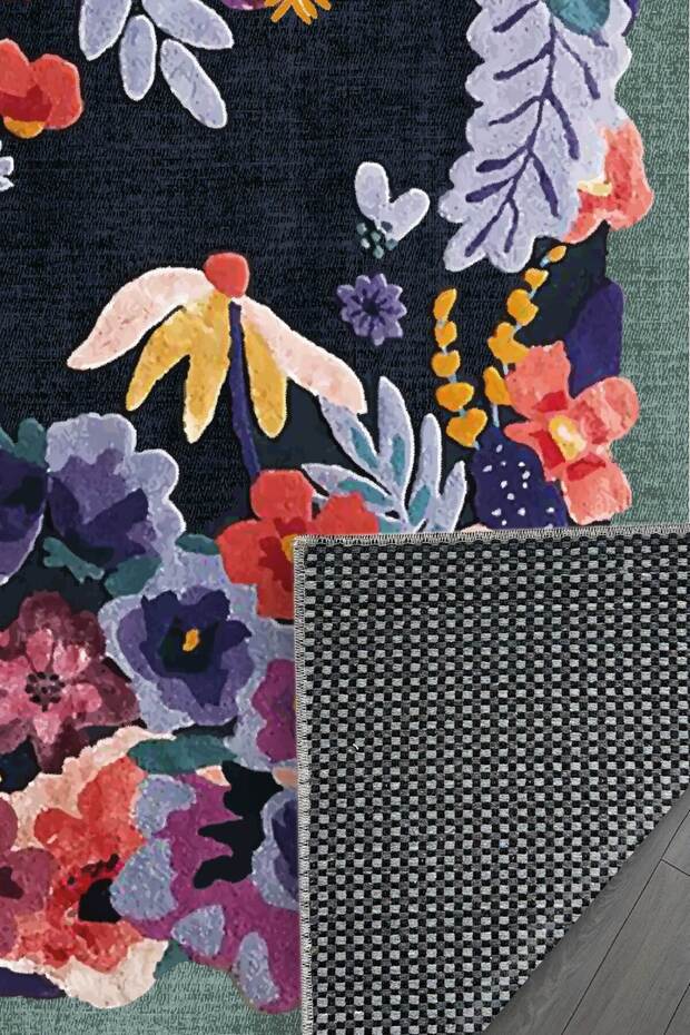 Kaşmir doku yumuşak kaymaz pamuk taban oturma odası salon mutfak koridor lacivert yeşil çiçekli halı - 3