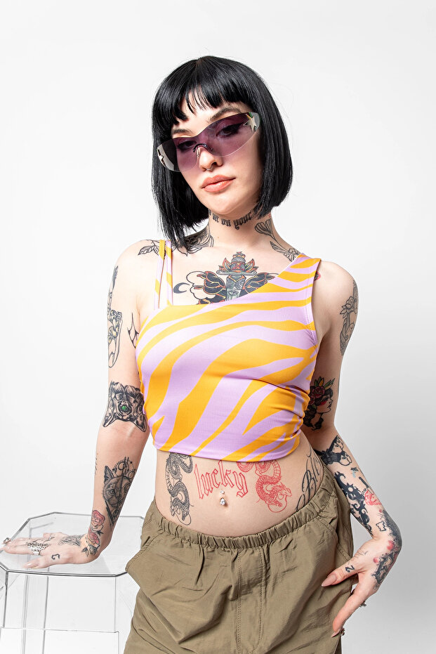 كتف واحد برتقالي منقوش بحزام مزدوج - 1