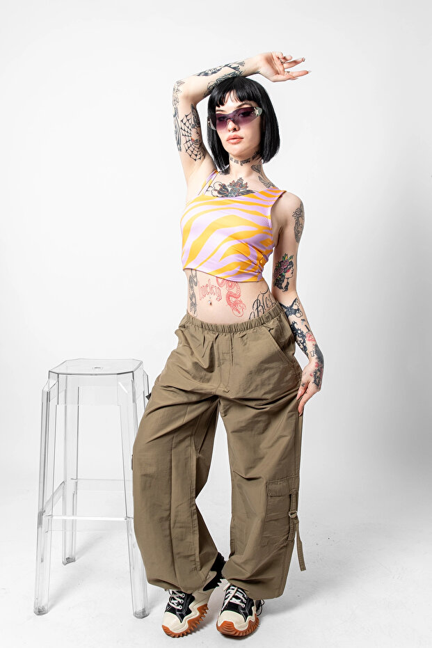 كتف واحد برتقالي منقوش بحزام مزدوج - 3