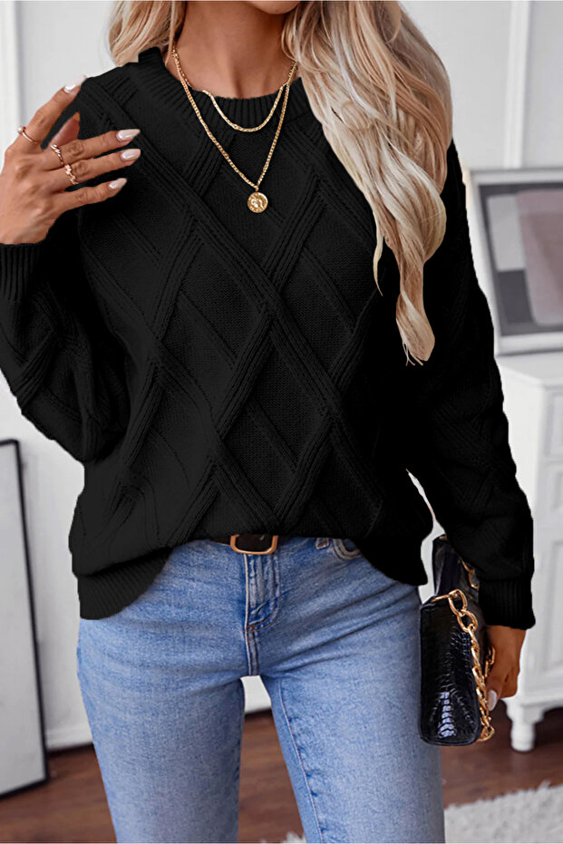Women's Knitwear Black Sweater Round Neck Long Sleeve Knit Patterned Winter Modern Soft