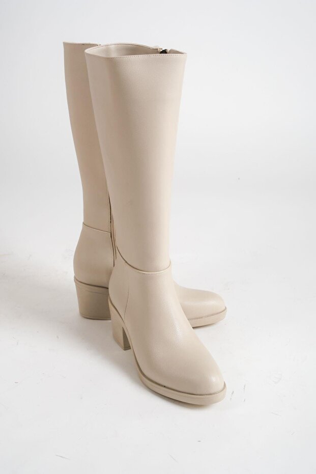 Mbhsn7072-Bj Women's Beige Thick Heeled Zippered Long Boots
