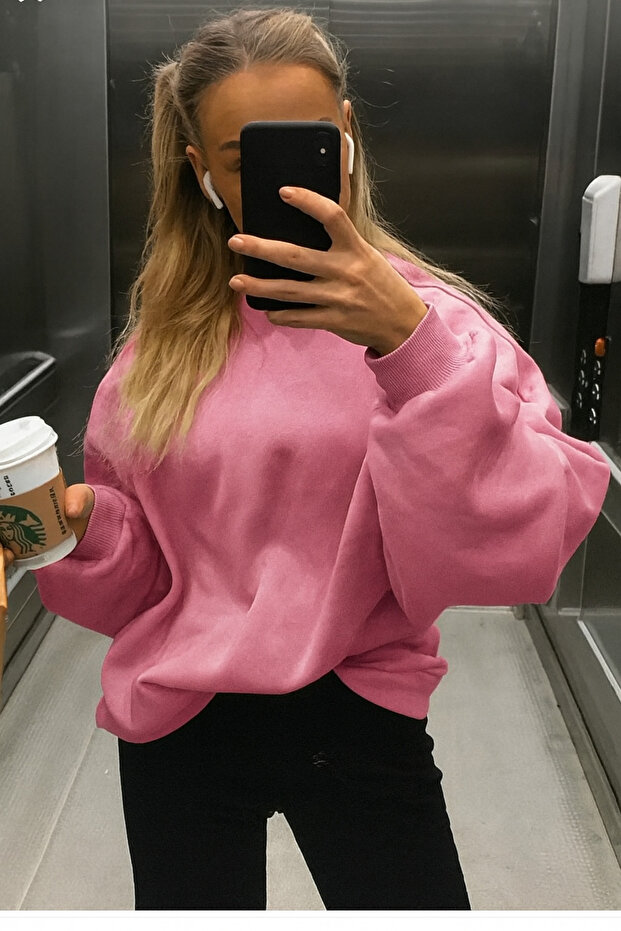 Pembe Bisiklet Yaka Basic Sweatshirt FM4477 - 4