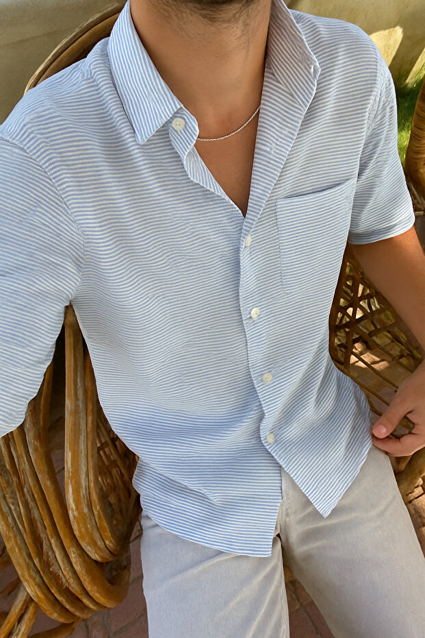 Men's Blue Striped Cotton Pocket Shirt Long Sleeve