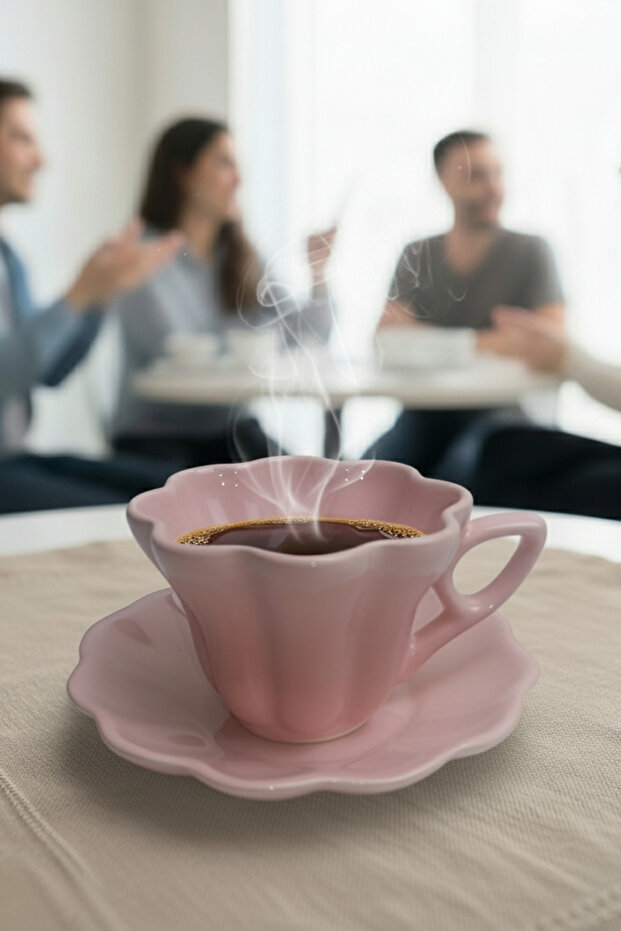 Zarif Papatya Desenli Tabaklı Kahve Fincanı - Pembe - 4