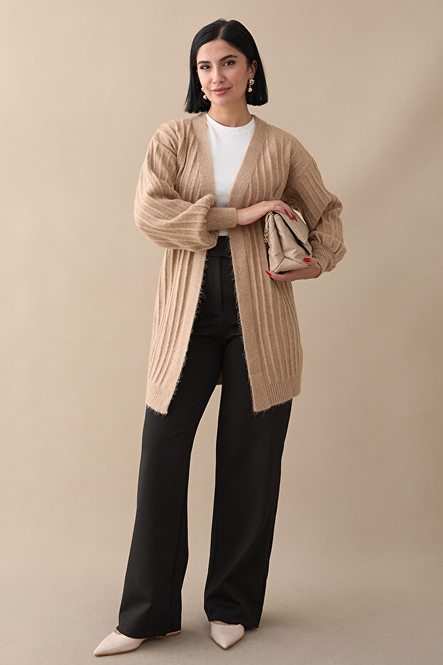 Peluş Fitilli Camel Triko Hırka - 3