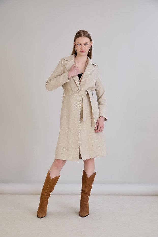 Women's Beige Color Unlined Belted Cashmere Coat