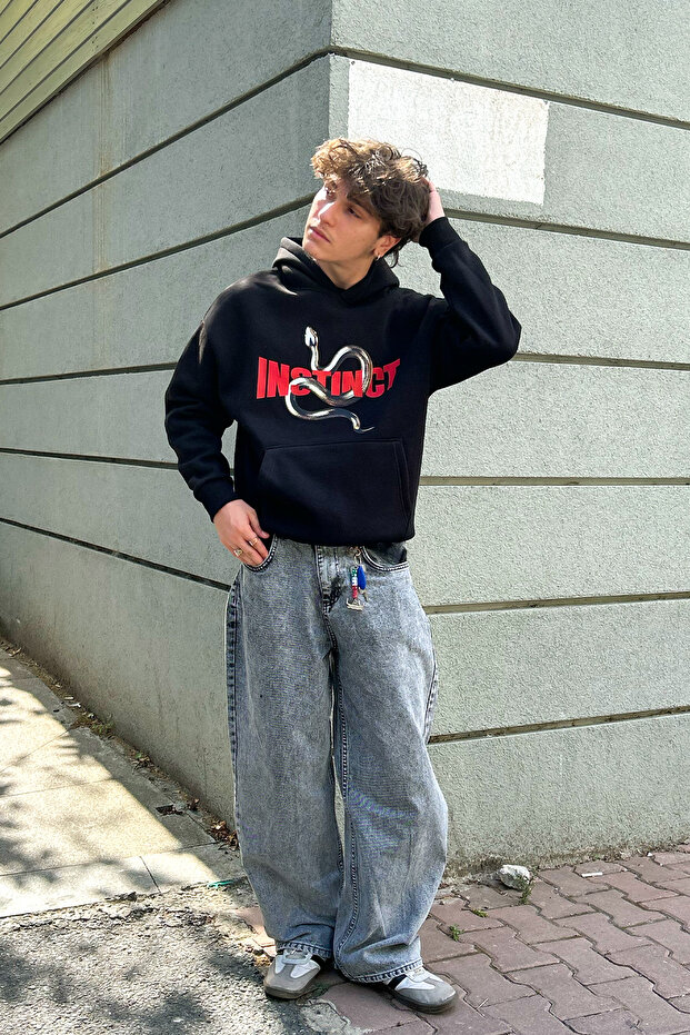 Instinct Printed Oversize Unisex Black Hoodie