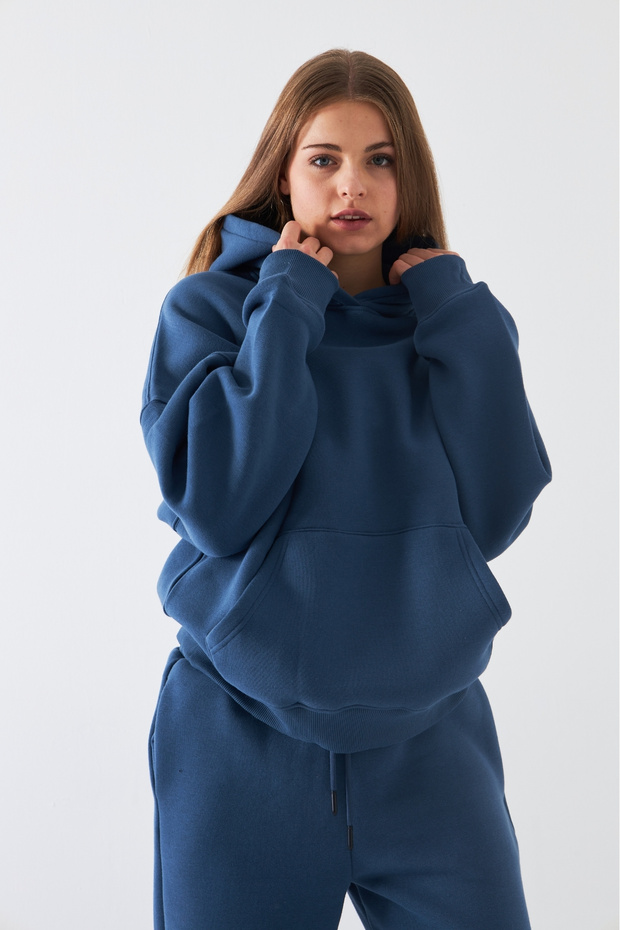 Unisex Oversize Sweatshirt Hoodie Basic Indigo – Hooded, Kangaroo Pocket, 3 Thread Ribbed
