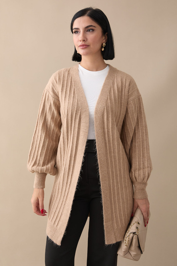 Peluş Fitilli Camel Triko Hırka - 5