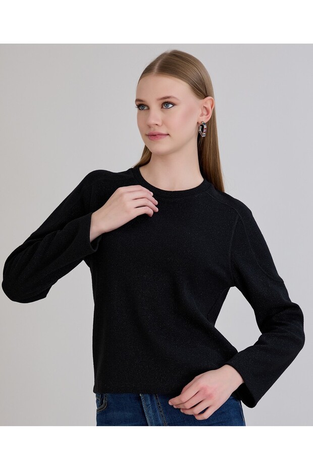 Kadın Bisiklet Yaka Regular Kalıp Siyah Basic Simli Triko - 8