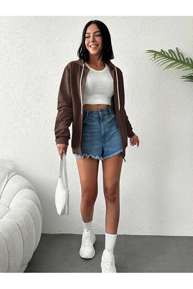 Women's Zippered Hooded Plain Cardigan - Minimalism and Quality Together
