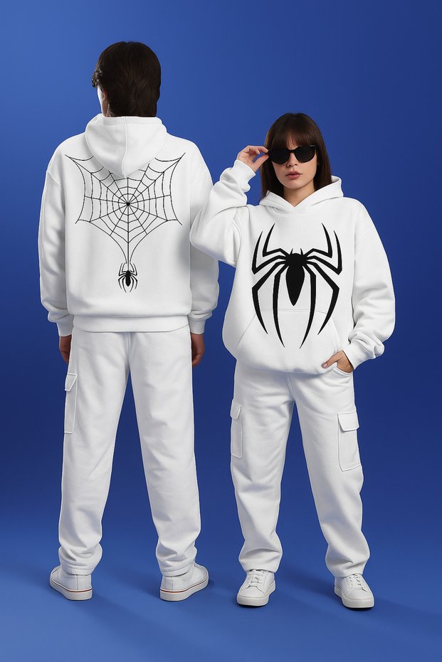 Unisex 3 Thread Hooded Kangaroo Pocket Sweatshirt Front Back Custom Red Black Spider Print