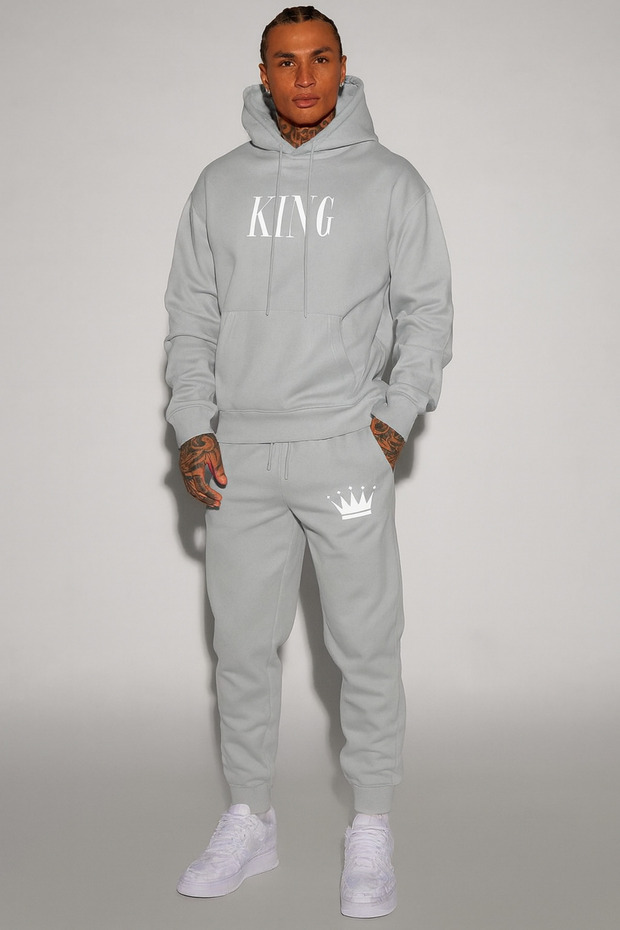 3 Thread Fleece Hooded Kangaroo Pocket King Printed Unisex Tracksuit Set with Crown Detail