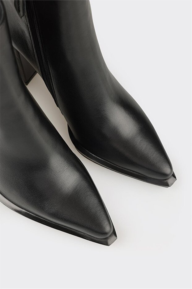 Siyah Deri Kadın Topuklu Bot - 4