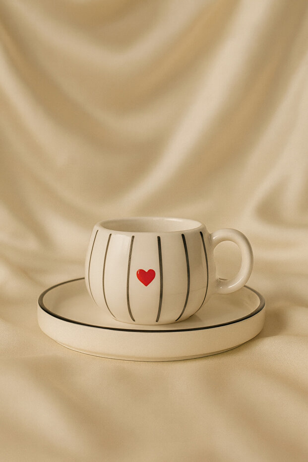 Heart Patterned Striped Ceramic Coffee Cup