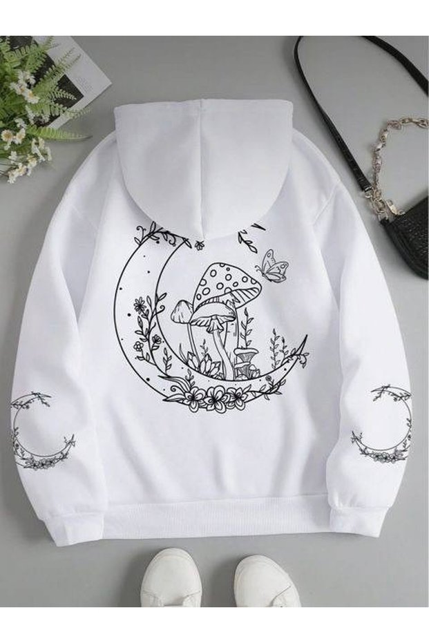 Women's Hooded Kangaroo Pocket Oversized Sweatshirt with Moon Mushroom Flower Print on the Back, Casual Daily Wear