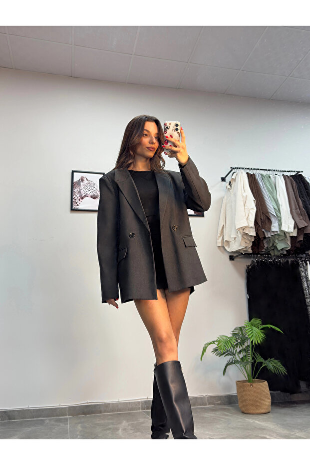Füme Düğmeli Blazer Ceket - 3