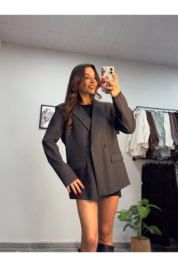 Füme Düğmeli Blazer Ceket - 5