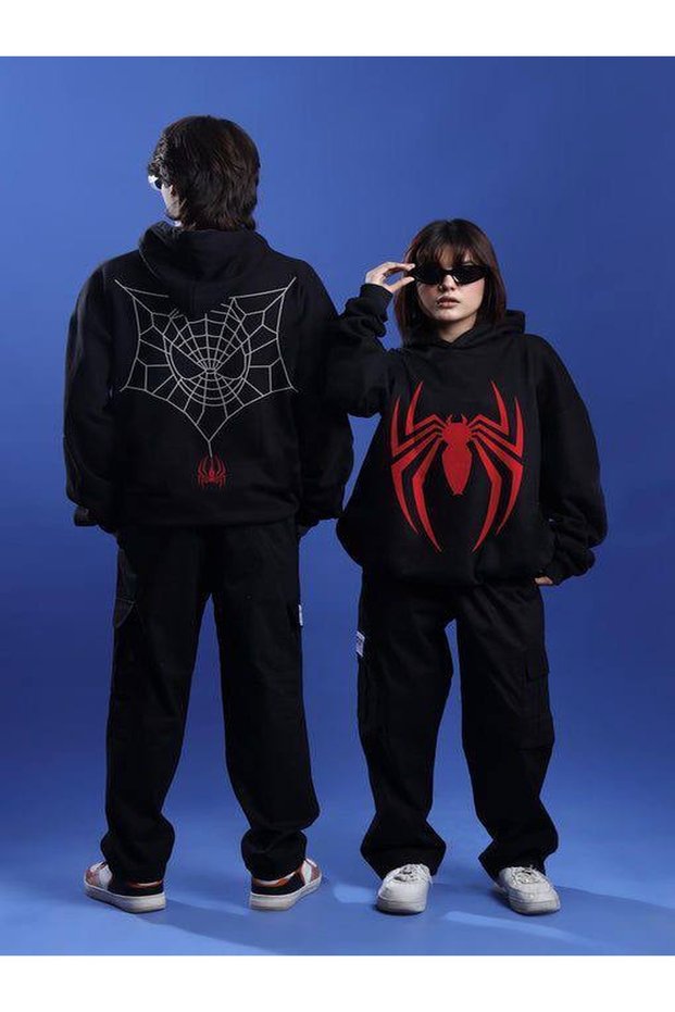 Unisex 3 Thread Hooded Kangaroo Pocket Sweatshirt Front Back Custom Red Black Spider Print