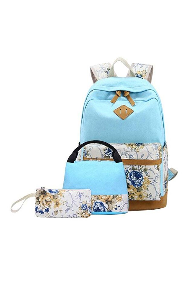 Polyester Printed Zipper Kids Backpack Set Blue/White