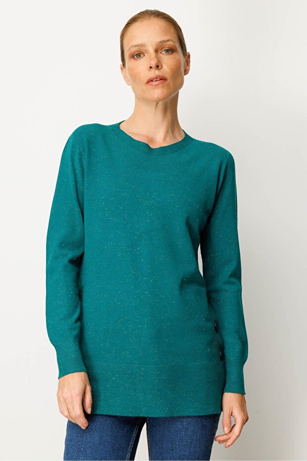 Women's Crew Neck Seamless Side Buttoned Glitter Sweater A.Ö.Başı