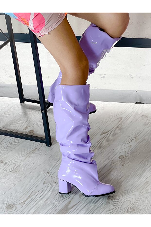 Pusi̇ Li̇la Patent Leather 5 cm Heeled Bellows Ankle Boots
