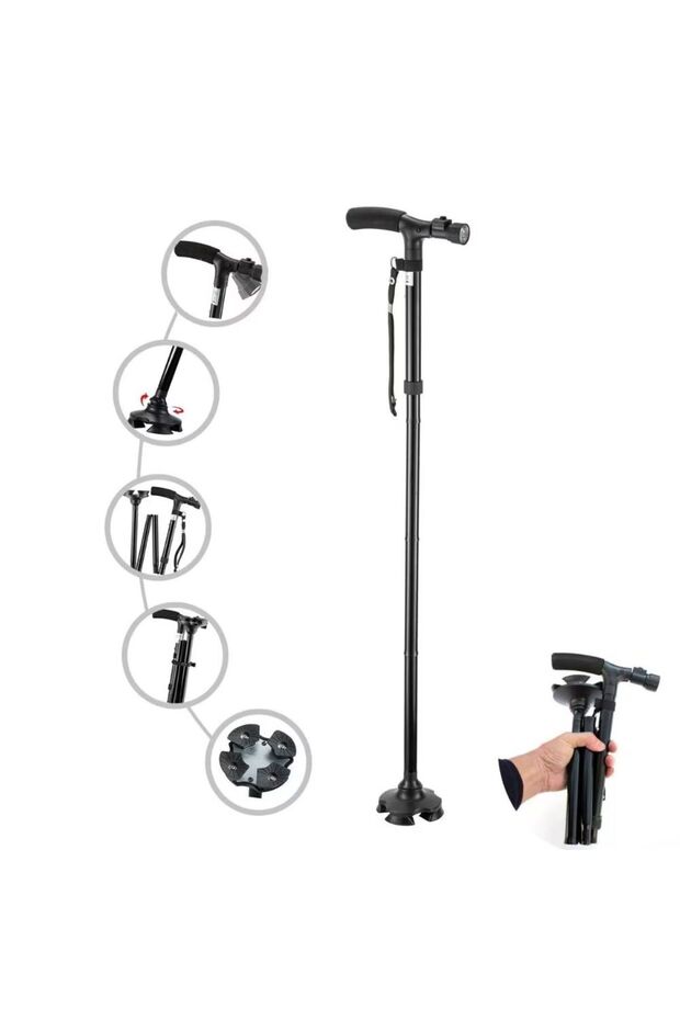 Folding cane with T-handle, Adjustable height, With flashlight, Anti-slip, Black, Impact Vision® - 1