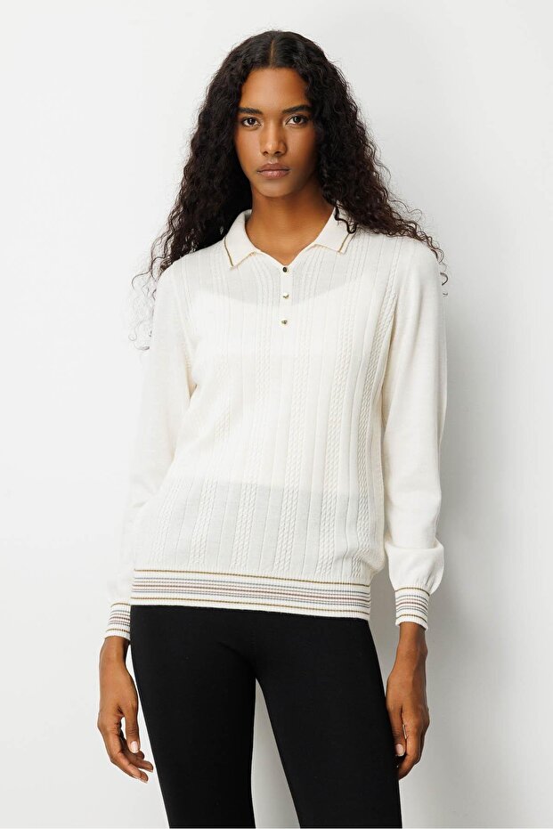Women's Polo Neck Silvery Striped Wool Blouse Bone