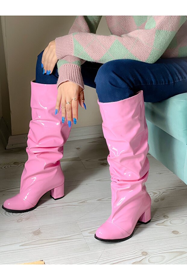 Pusi Pink Patent Leather 5 cm Heel Ruffled Below-The-Knee Boots