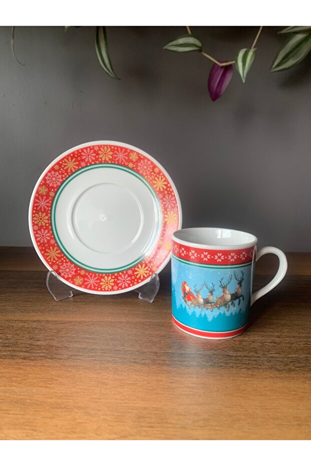 Handmade New Year - Santa Claus Deer Model 4 Pieces 2 Person Porcelain Turkish Coffee Cup Set