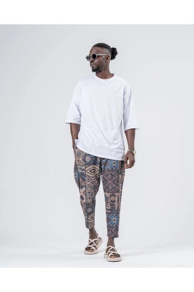 Men's Camel Blue Kilim Patterned Drawstring Waist Straight Cut Pants Sweatpants Hzl24S-Mxc8948-266