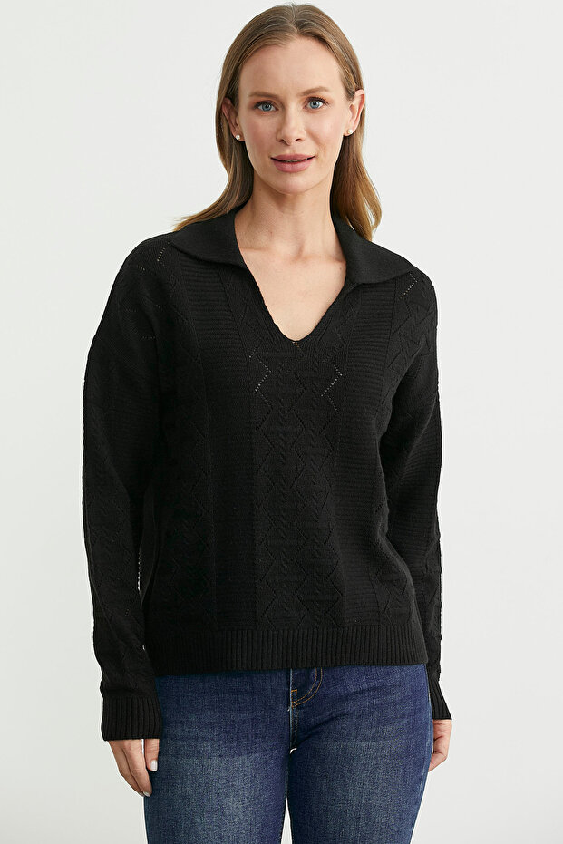 سترة تريكو بياقة بولو - أسود - 1