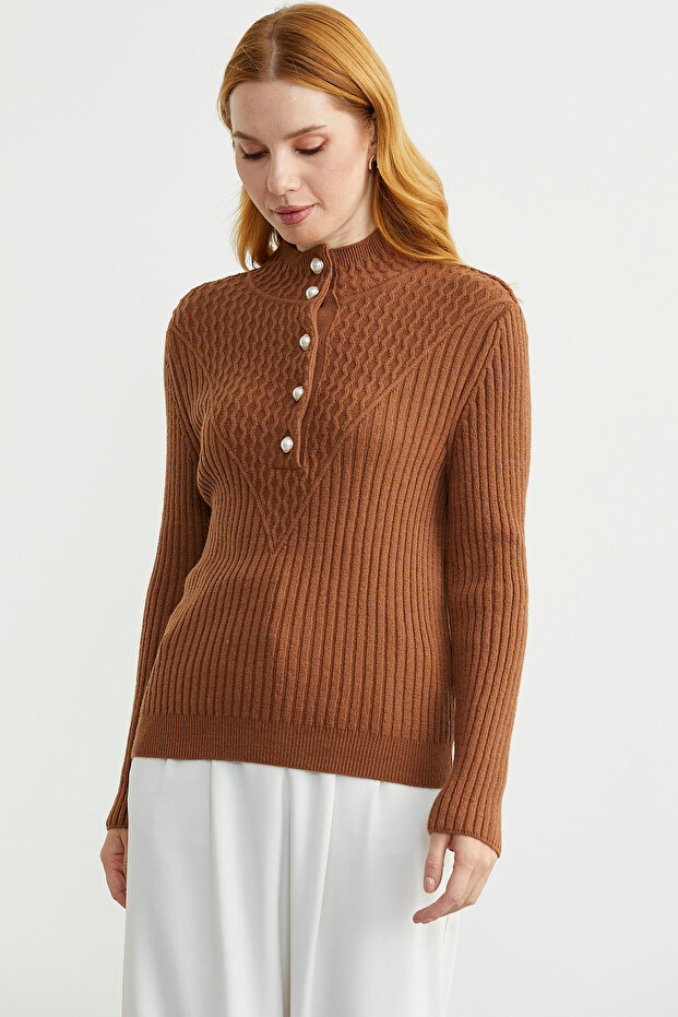 Önü Düğmeli Dik Yaka Triko Kazak - Taba - 4