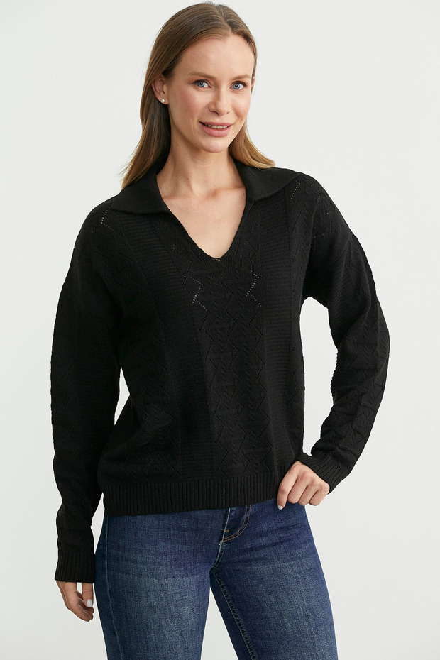 سترة تريكو بياقة بولو - أسود - 2