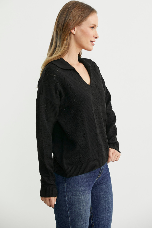 سترة تريكو بياقة بولو - أسود - 4