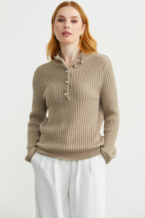 Önü Düğmeli Dik Yaka Triko Kazak - Kamel - 1