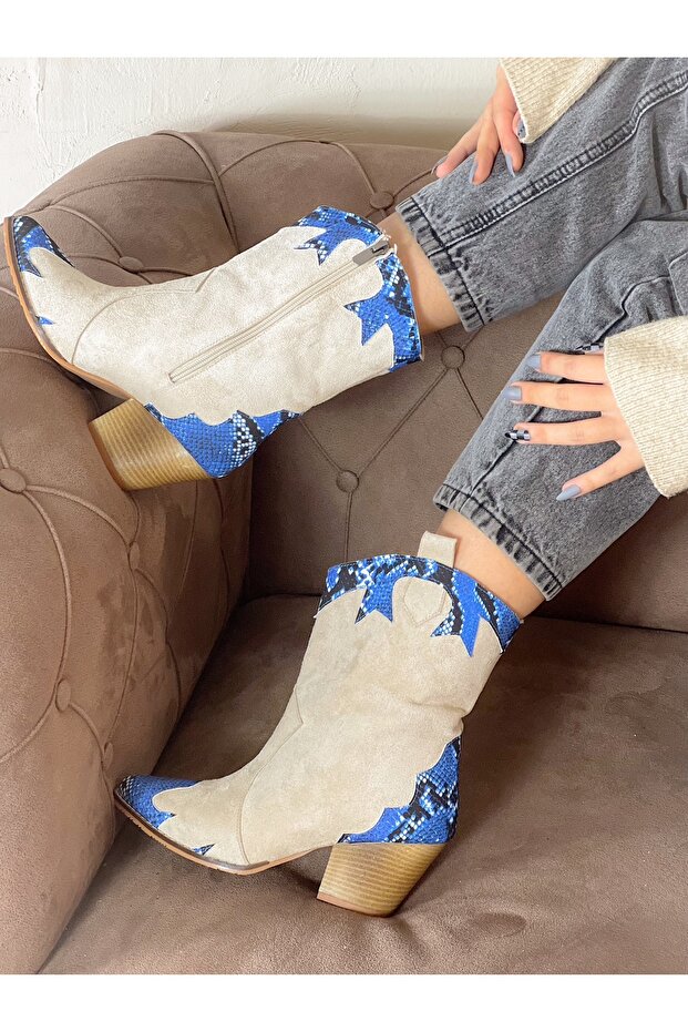 DORİ BEIGE SUEDE BLUE SNAKE LEATHER DETAIL DALLAS WESTERN BOOTS